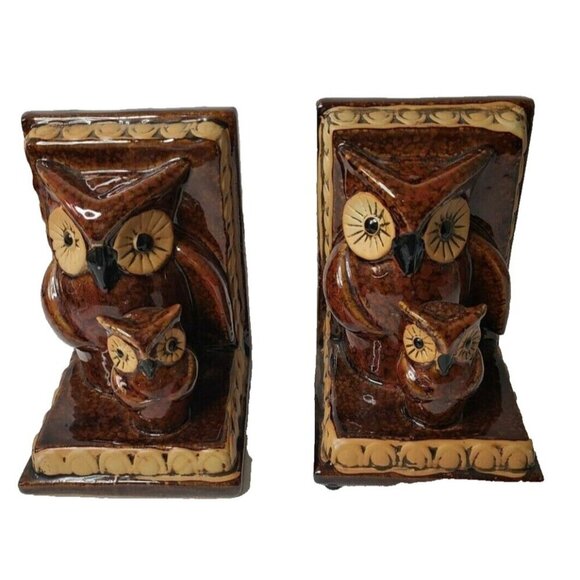 Vintage Owl Mama and Baby Brown Ceramic Glossy Bookends Set of Two - Picture 1 of 9